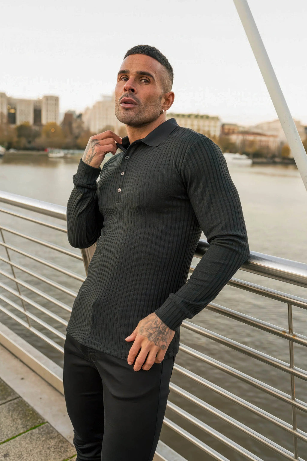 Men's Striped Knit Polo Shirt — Muscle Fit Long Sleeve 4inme