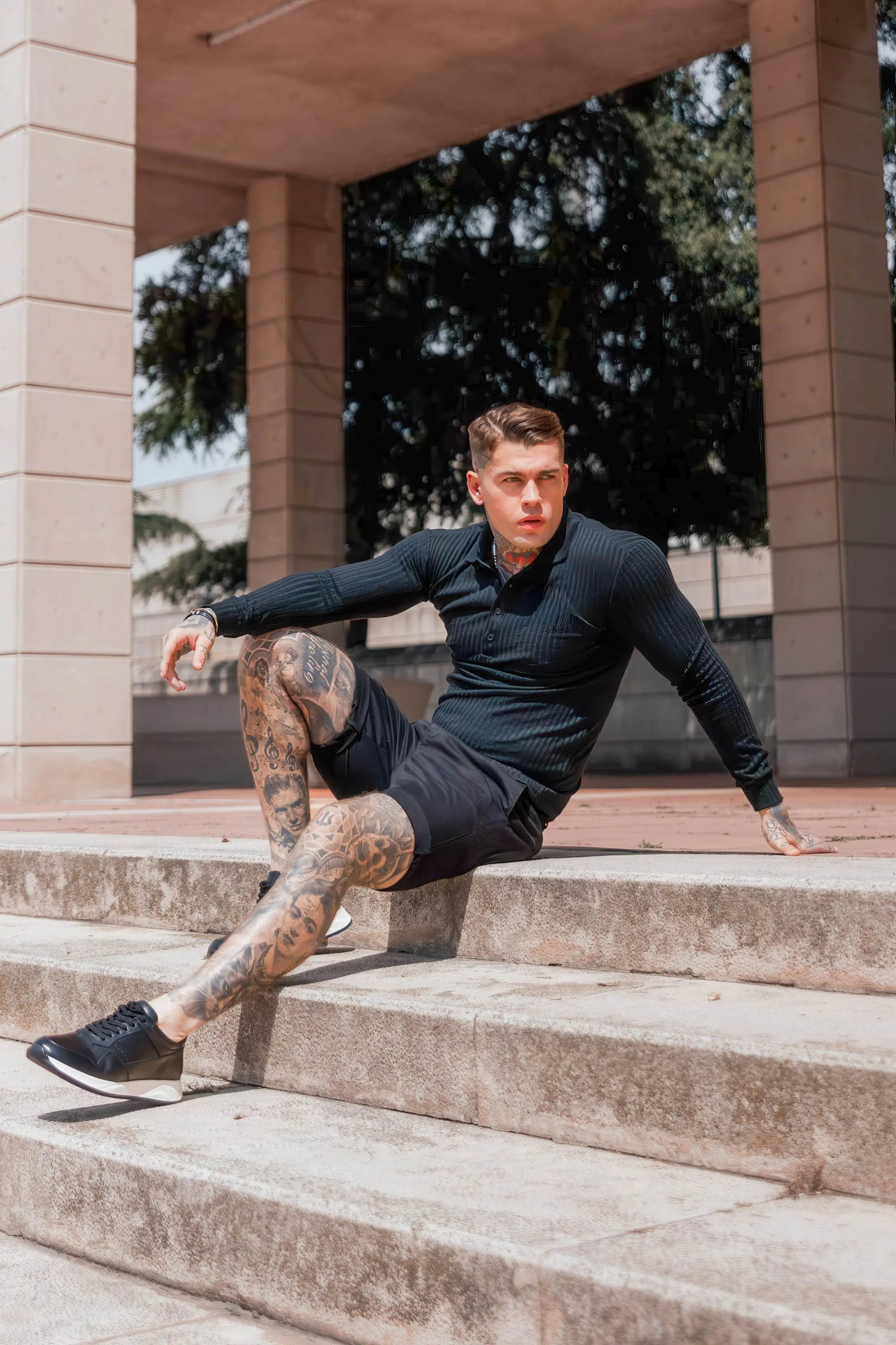 Men's Striped Knit Polo Shirt — Muscle Fit Long Sleeve 4inme