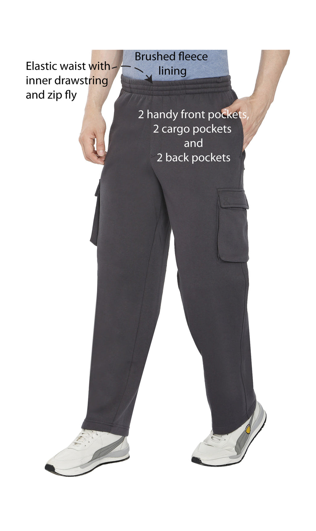 Men's Brushed Fleece Cargo Pants — Pull-On with Inner Drawstring TURTLE BAY APPAREL