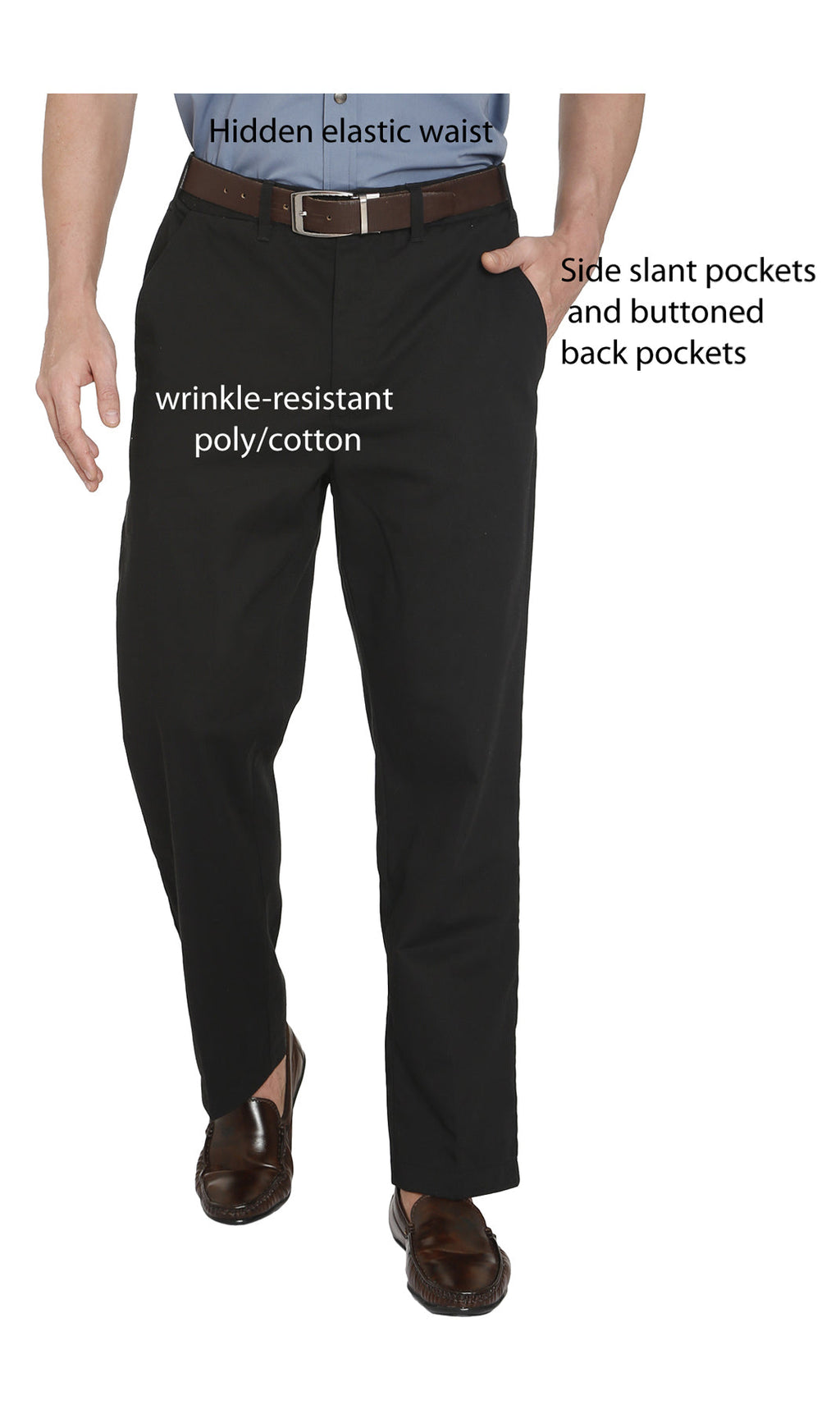 Men's Stretch Waist Chino Pants — Flat Front Hidden Elastic Waistband TURTLE BAY APPAREL