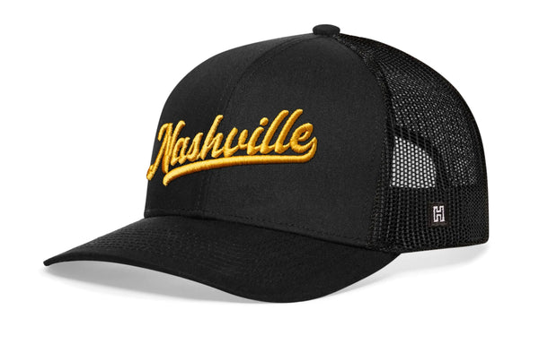 Nashville Gold Script Trucker Hat  |  Black Tennessee Snapback Haka Hat