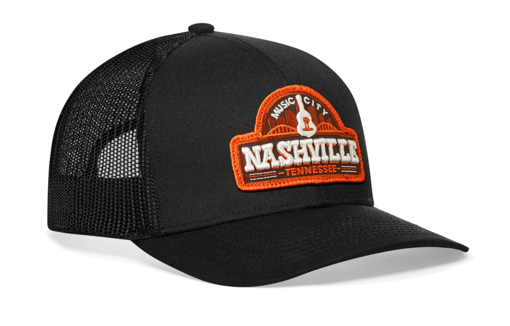 Nashville Music City Trucker Hat  |  Black Cityscape Snapback Haka Hat
