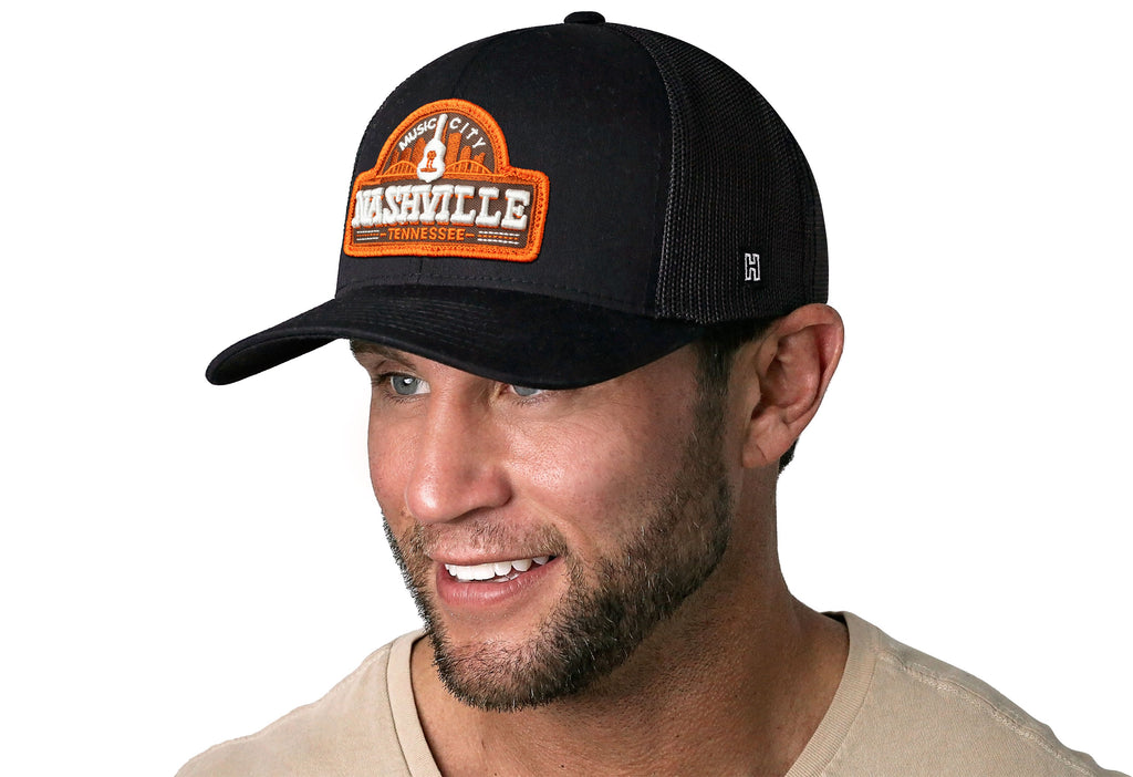 Nashville Music City Trucker Hat  |  Black Cityscape Snapback Haka Hat