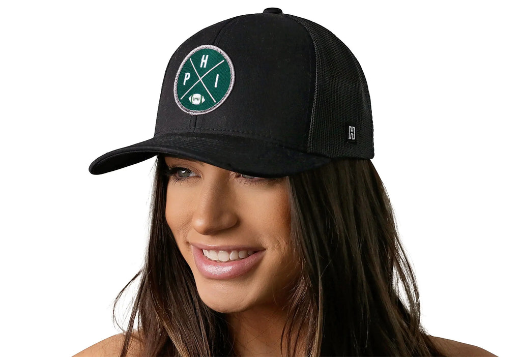 Philadelphia Trucker Hat  |  Black PHI X Football Snapback Haka Hat