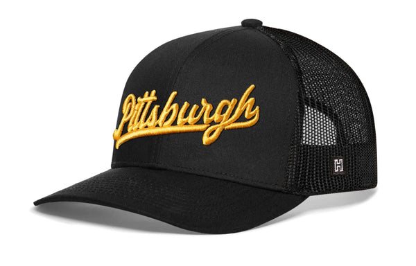 Pittsburgh Gold Script Trucker Hat  |  Black Pennsylvania Snapback Haka Hat