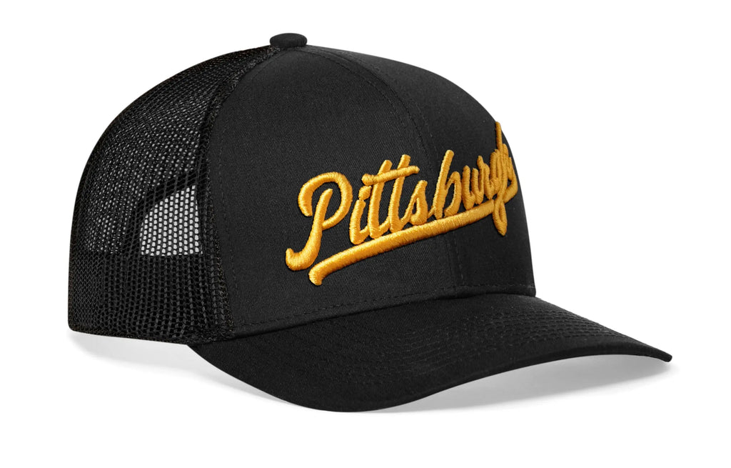 Pittsburgh Gold Script Trucker Hat  |  Black Pennsylvania Snapback Haka Hat