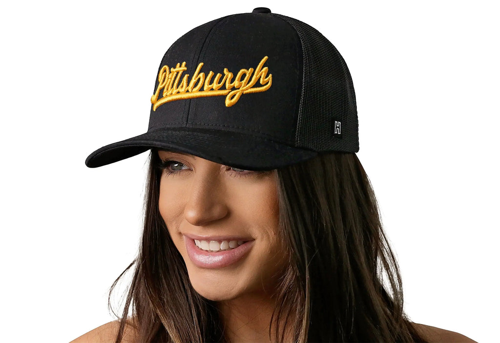 Pittsburgh Gold Script Trucker Hat  |  Black Pennsylvania Snapback Haka Hat
