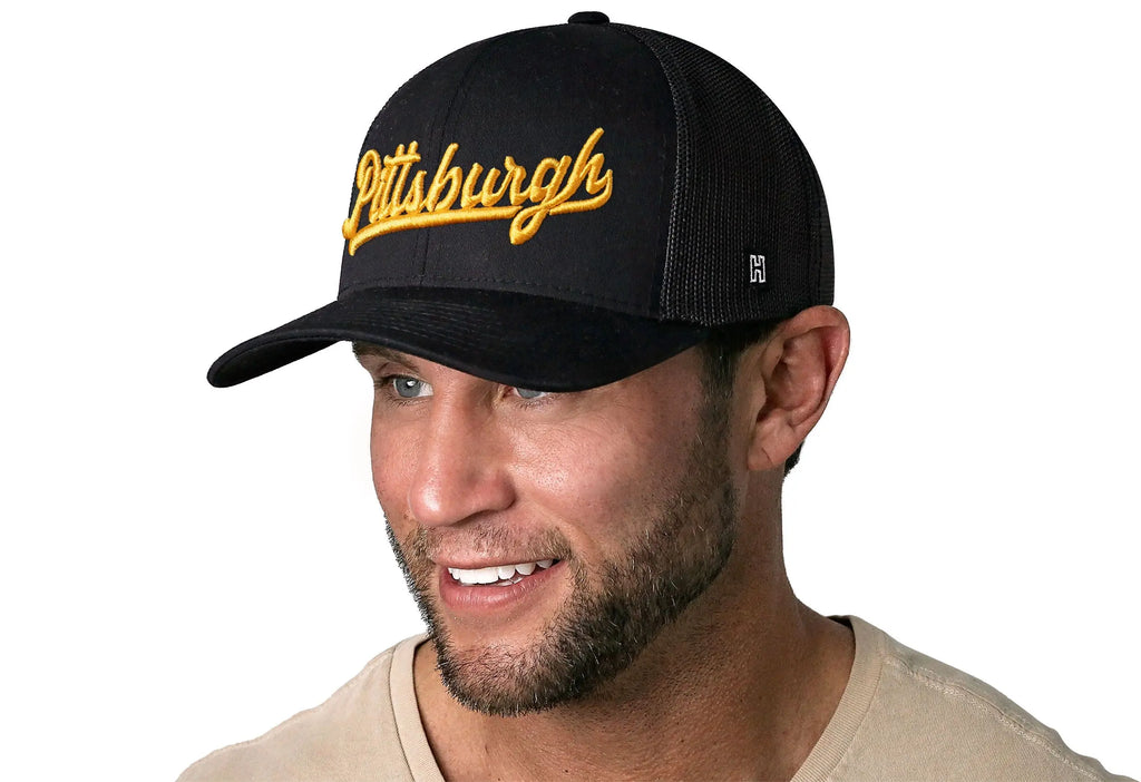 Pittsburgh Gold Script Trucker Hat  |  Black Pennsylvania Snapback Haka Hat