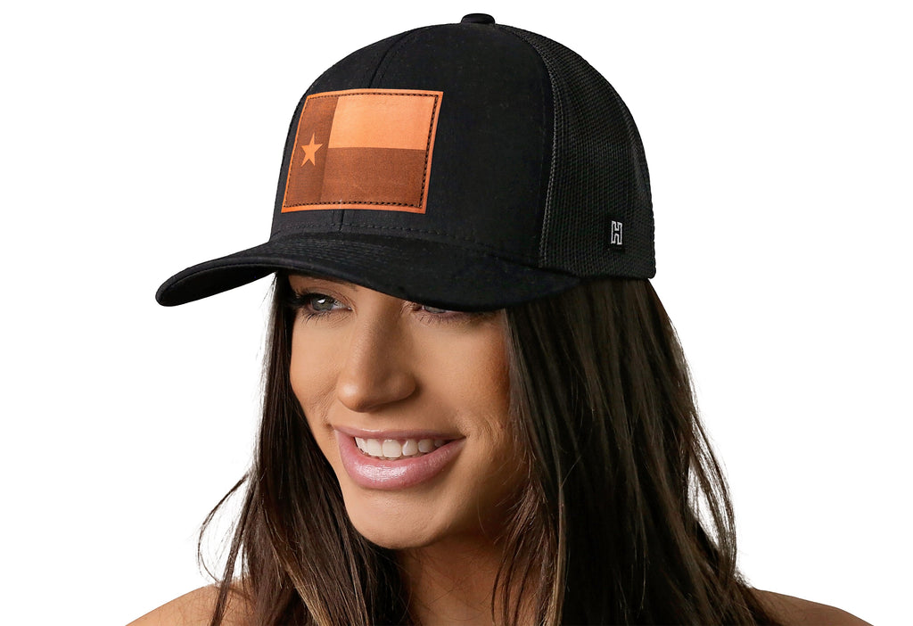 Texas Flag Trucker Hat Leather  |  Black Texas Flag Snapback Haka Hat