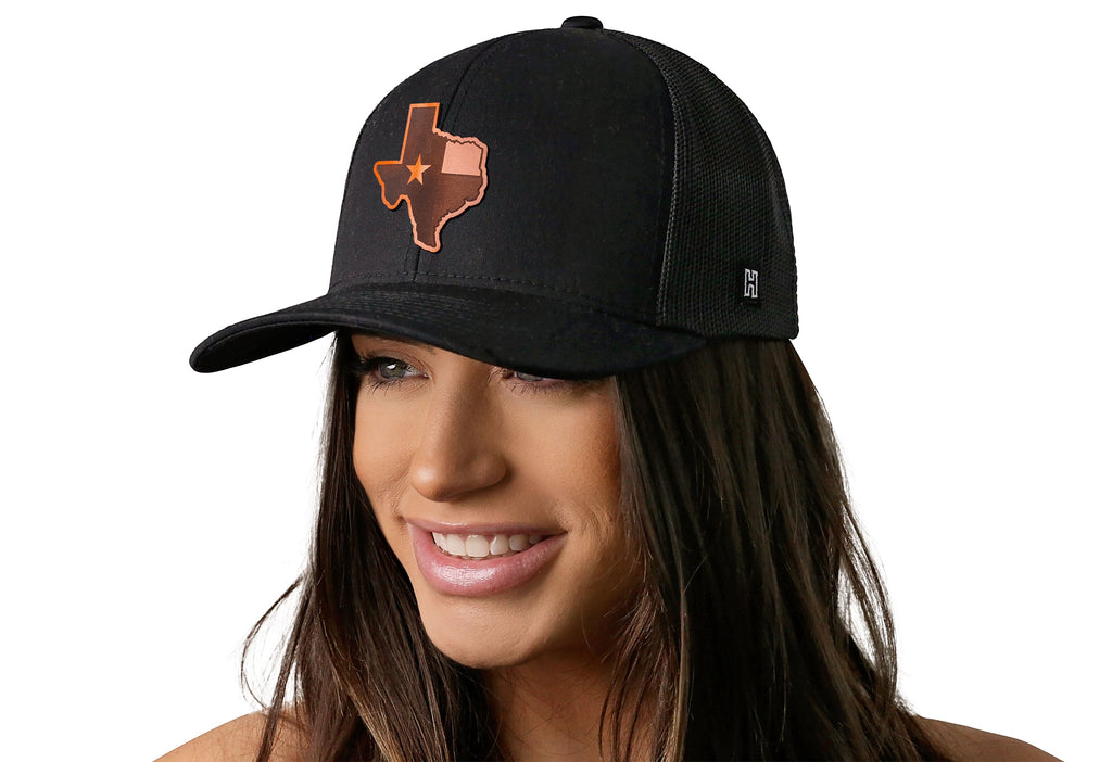 Texas Flag Leather Trucker Hat — Black Cut-to-Shape Snapback Haka Hat