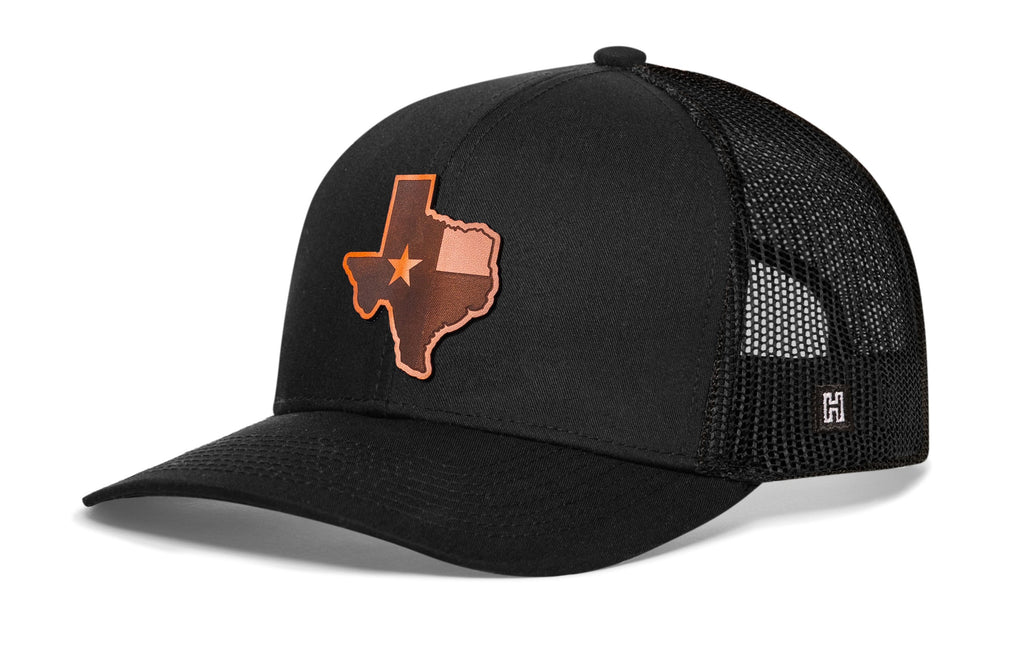 Texas Flag Leather Trucker Hat — Black Cut-to-Shape Snapback Haka Hat