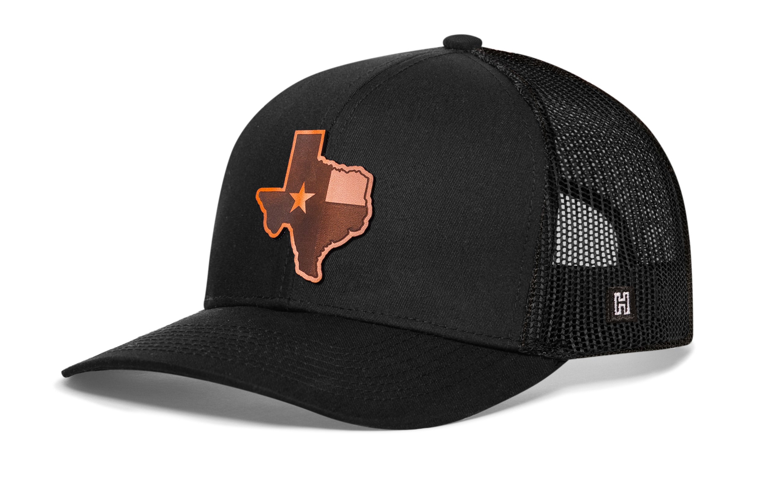 Texas Flag Leather Trucker Hat — Black Cut-to-Shape Snapback Haka Hat