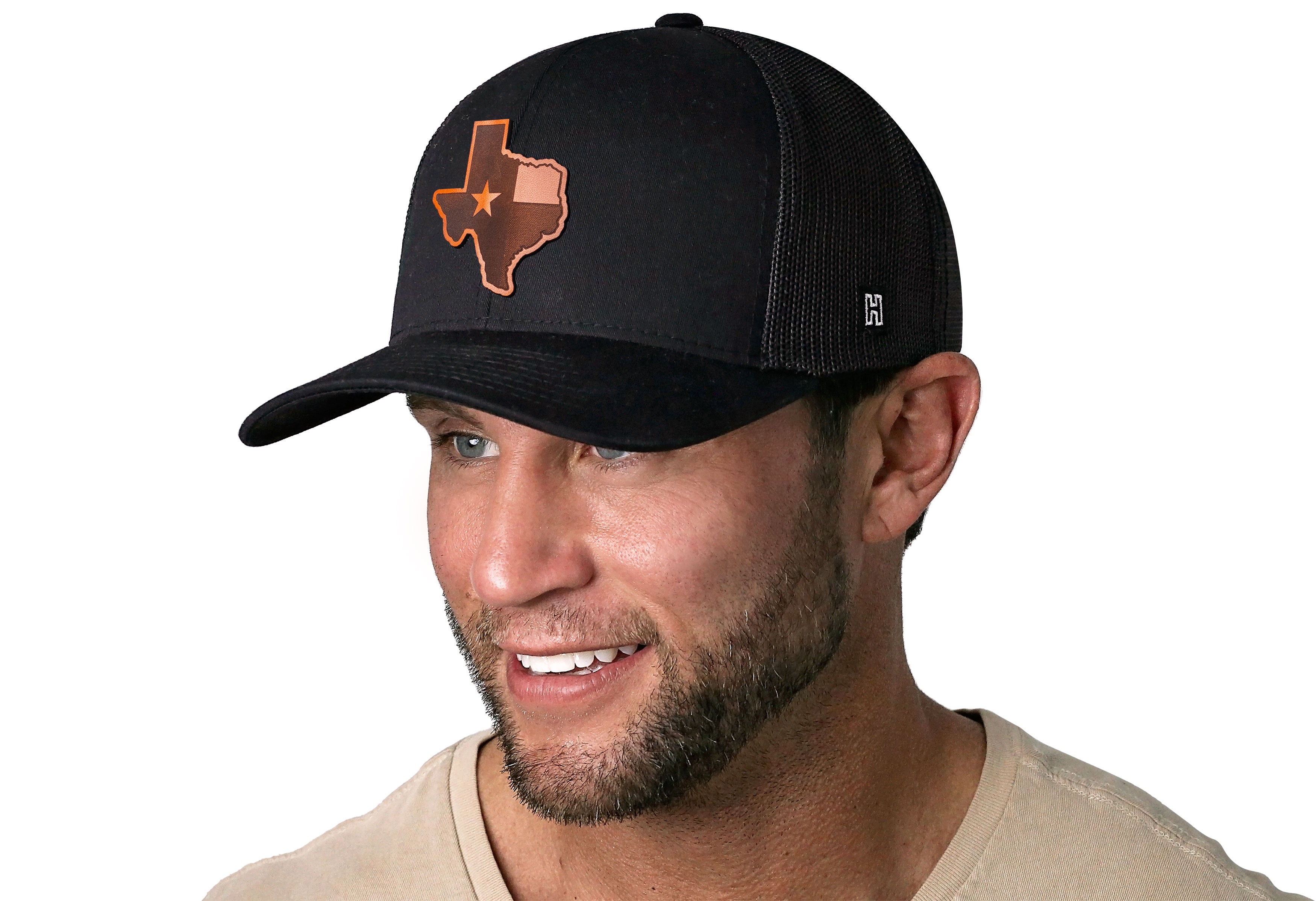 Texas Flag Leather Trucker Hat — Black Cut-to-Shape Snapback Haka Hat
