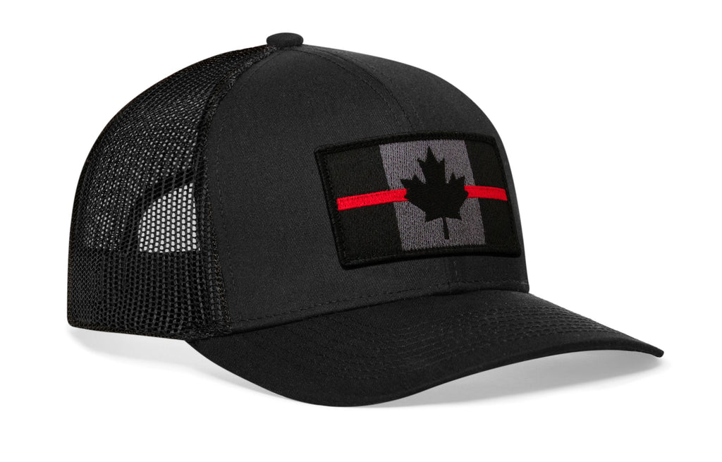 Thin Red Line Trucker Hat  |  Black Canadian Maple Leaf Tactical Snapback Haka Hat