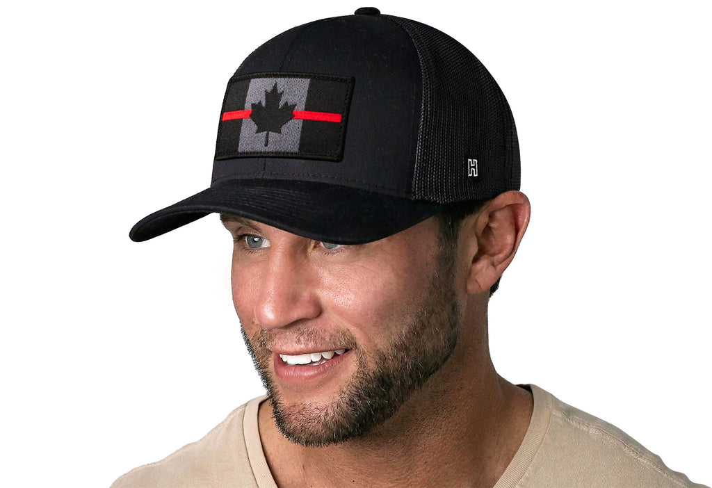 Thin Red Line Trucker Hat  |  Black Canadian Maple Leaf Tactical Snapback Haka Hat