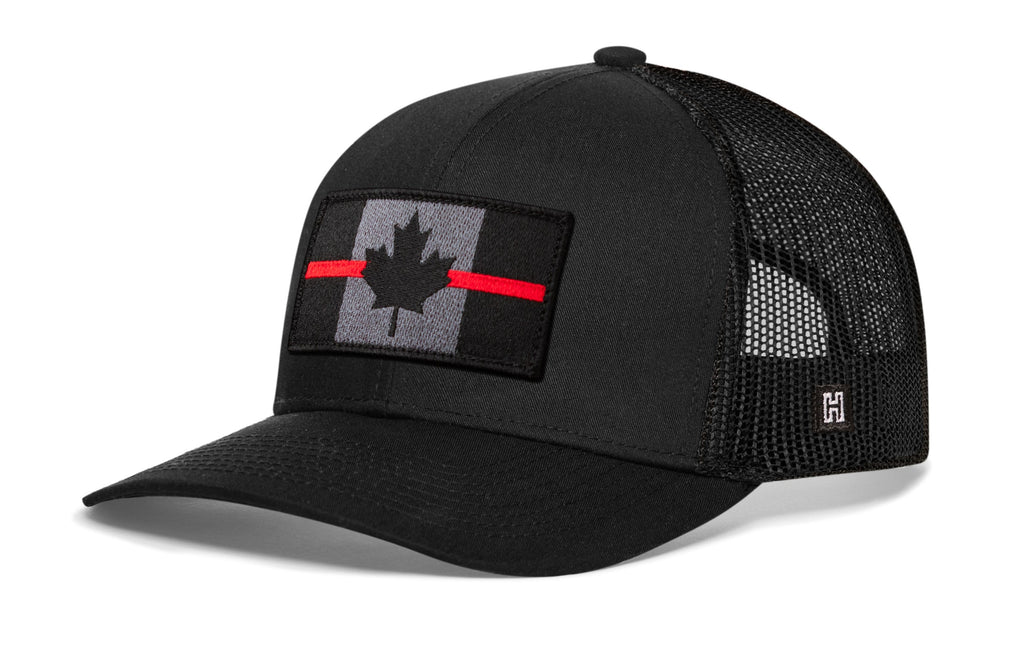 Thin Red Line Trucker Hat  |  Black Canadian Maple Leaf Tactical Snapback Haka Hat