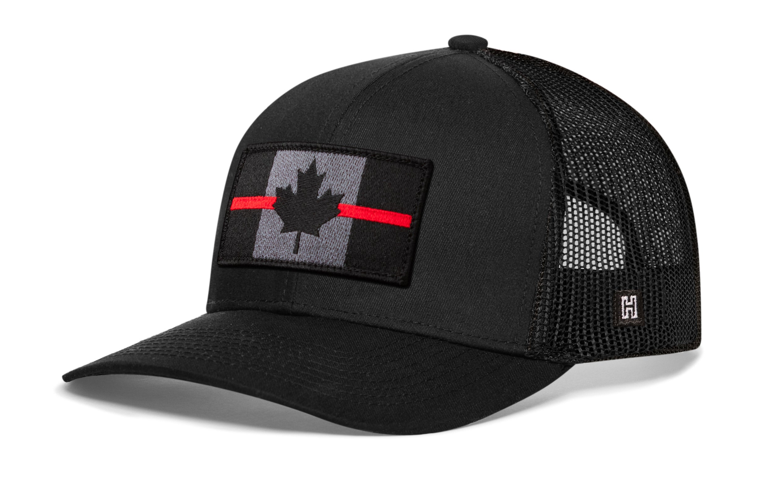 Thin Red Line Trucker Hat  |  Black Canadian Maple Leaf Tactical Snapback Haka Hat