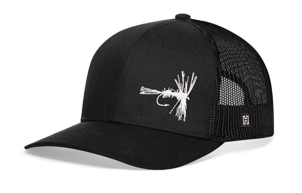 Fly Fishing Trucker Hat  |  Black Fly Fishing Snapback Haka Hat