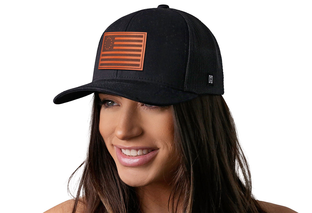 Betsy Ross Flag Leather Trucker Hat — Black USA Snapback Haka Hat