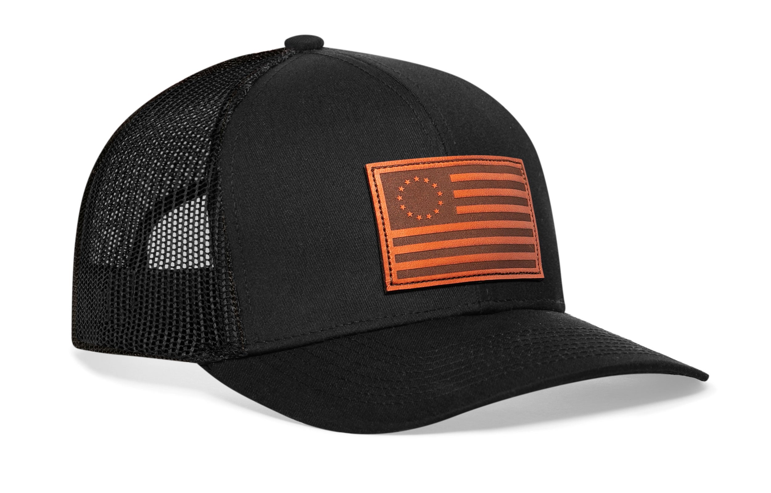 Betsy Ross Flag Leather Trucker Hat — Black USA Snapback Haka Hat