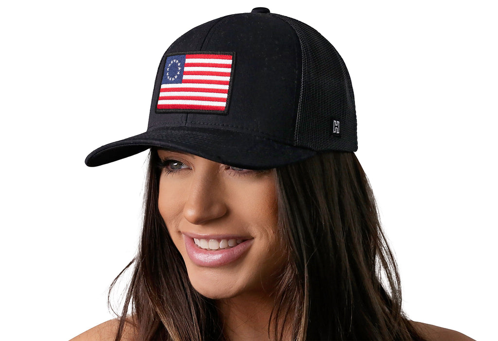 Betsy Ross Flag Trucker Hat — Black USA Snapback Haka Hat