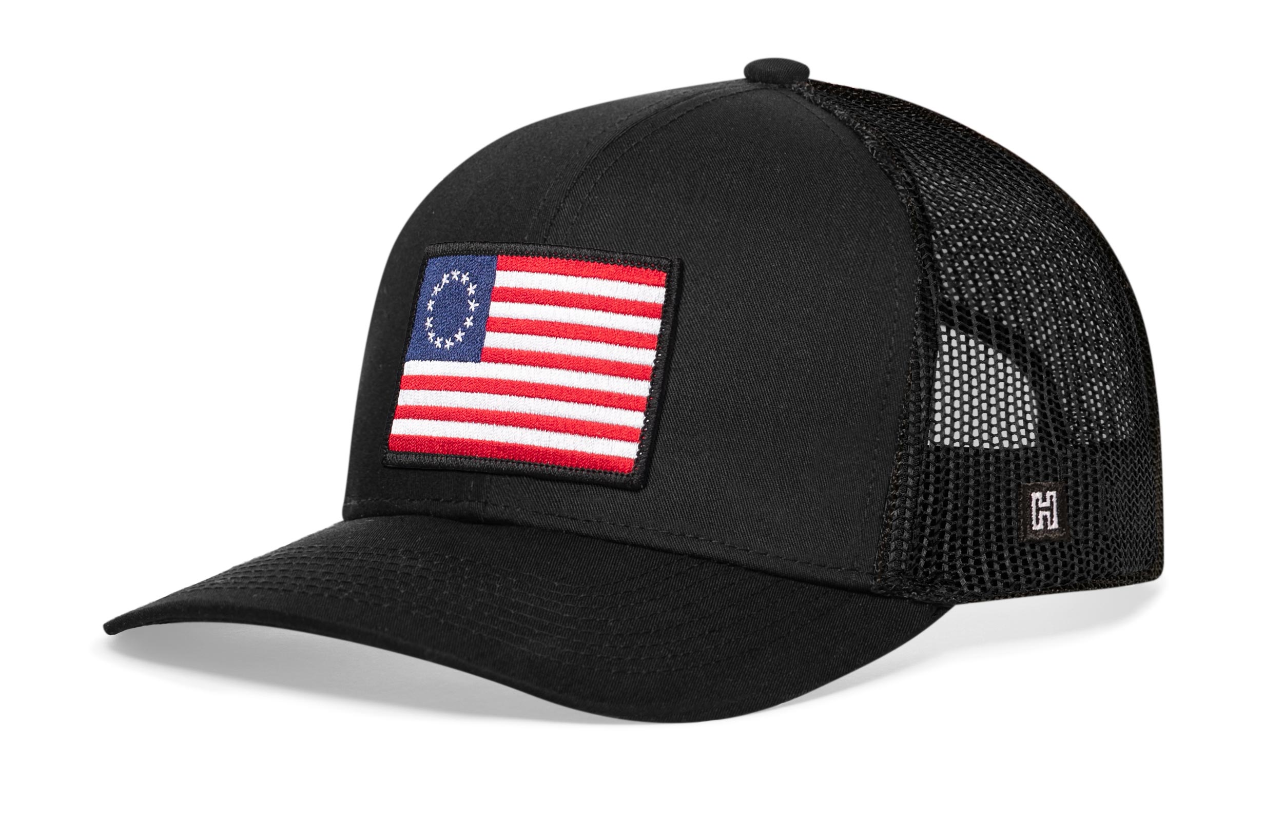 Betsy Ross Flag Trucker Hat — Black USA Snapback Haka Hat