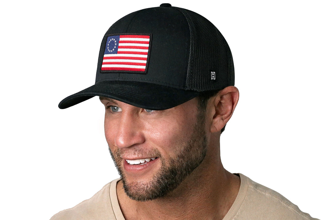Betsy Ross Flag Trucker Hat — Black USA Snapback Haka Hat