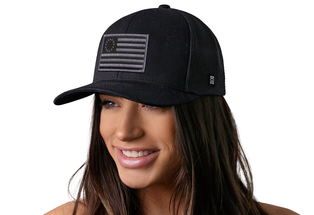 Betsy Ross Flag Trucker Hat — Black USA Embroidered Snapback Haka Hat