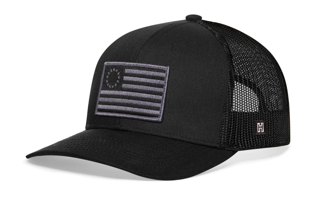 Betsy Ross Flag Trucker Hat — Black USA Embroidered Snapback Haka Hat