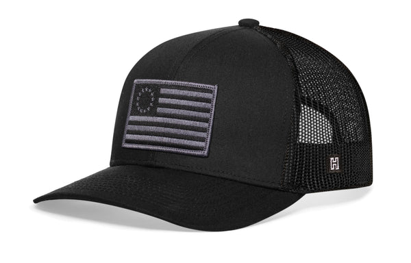 Betsy Ross Flag Trucker Hat — Black USA Embroidered Snapback Haka Hat