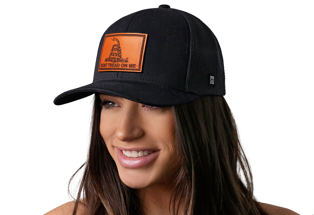 Don't Tread on Me Trucker Hat — Black Gadsden Leather Snapback Haka Hat