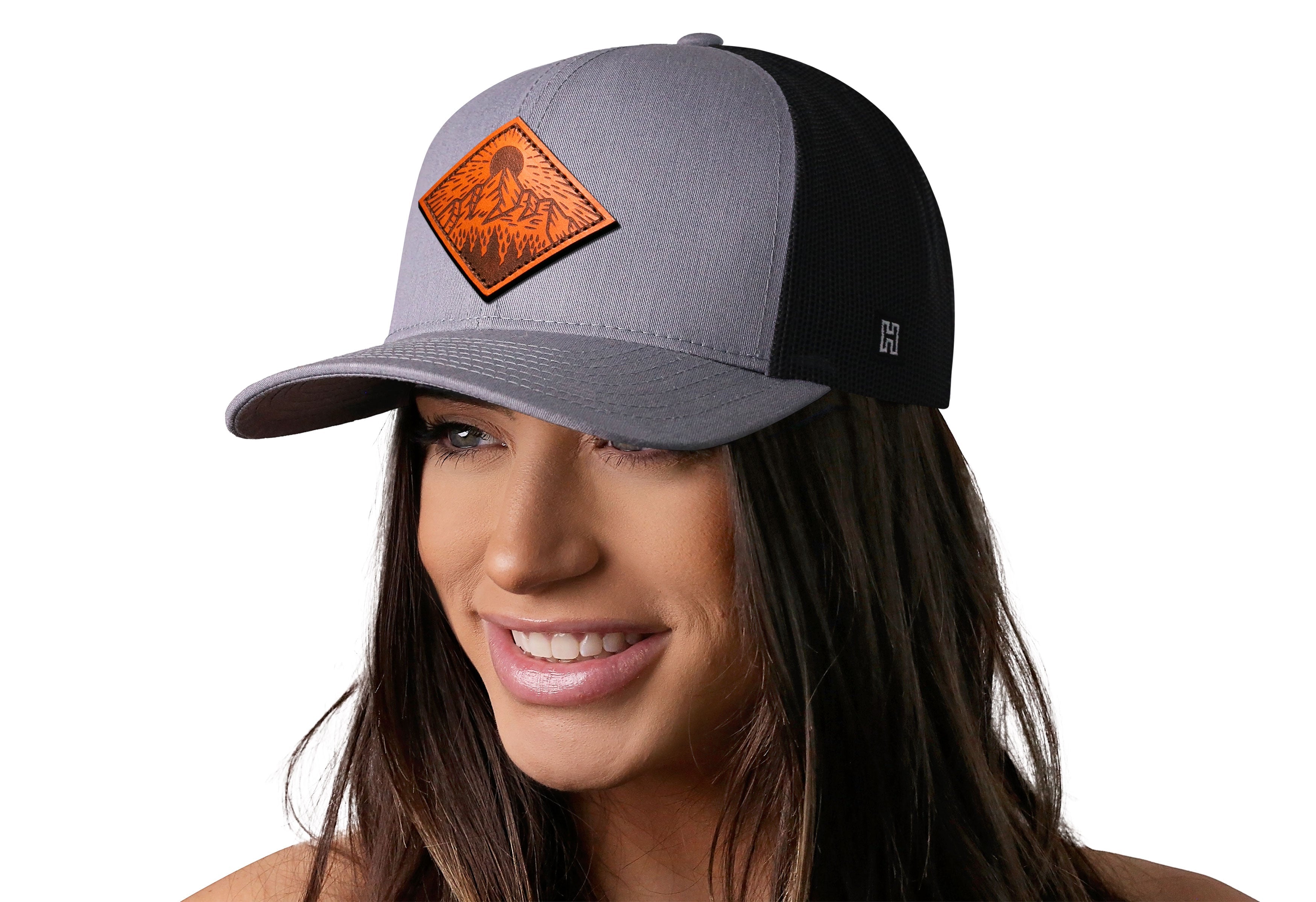 Diamond Mountain and Trees Trucker Hat Leather  |  Gray-Black Outdoors Snapback Haka Hat
