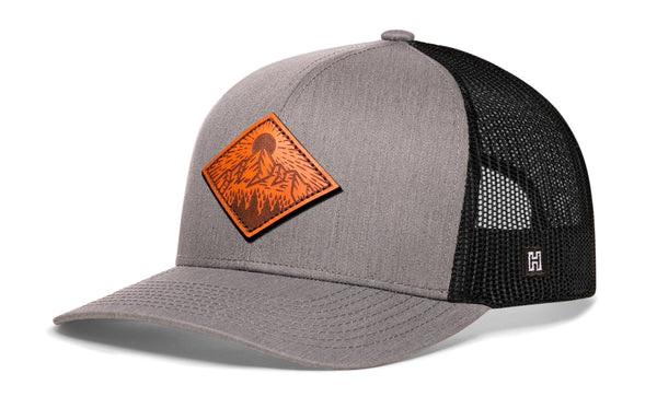 Diamond Mountain and Trees Trucker Hat Leather  |  Gray-Black Outdoors Snapback Haka Hat