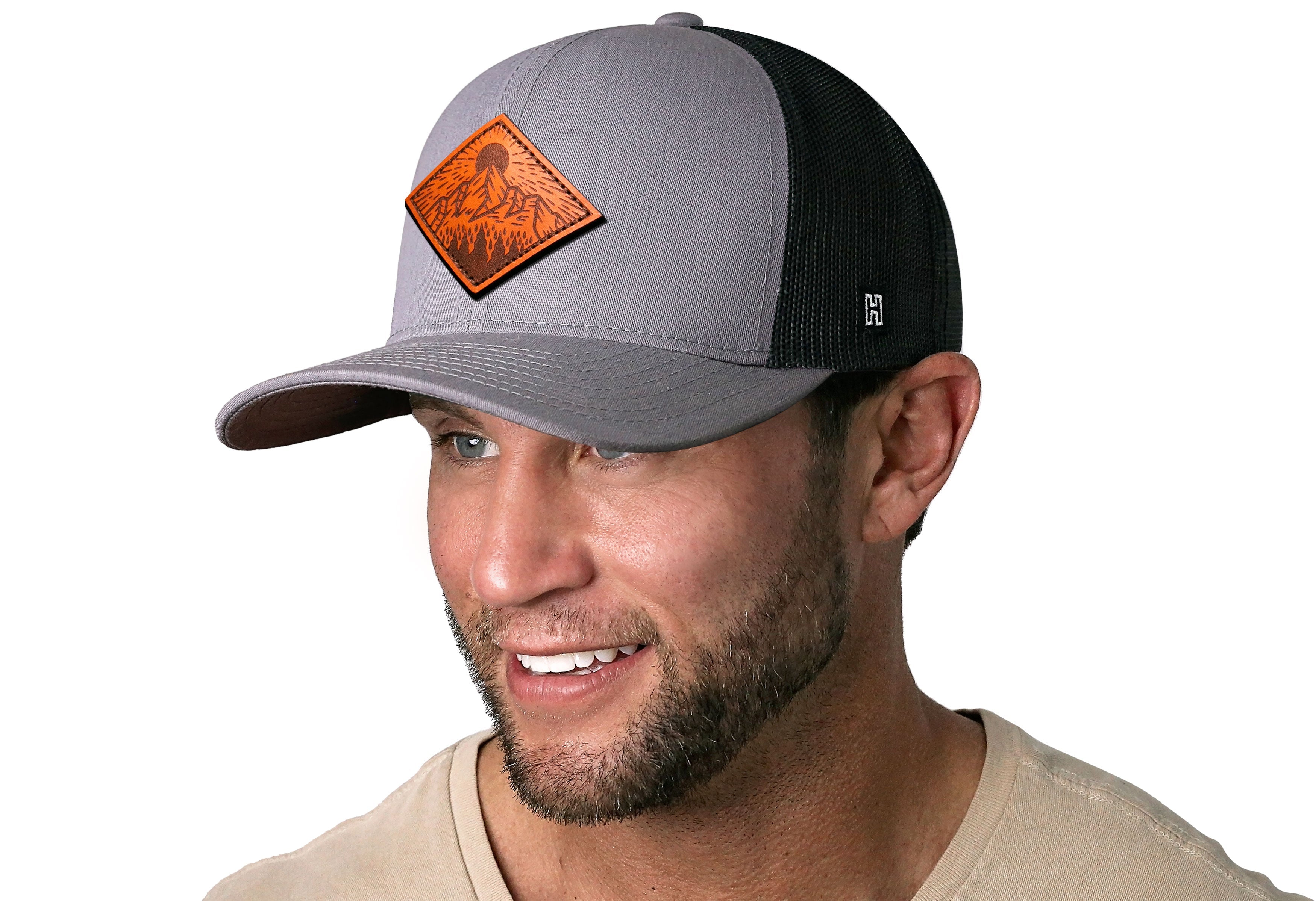 Diamond Mountain and Trees Trucker Hat Leather  |  Gray-Black Outdoors Snapback Haka Hat