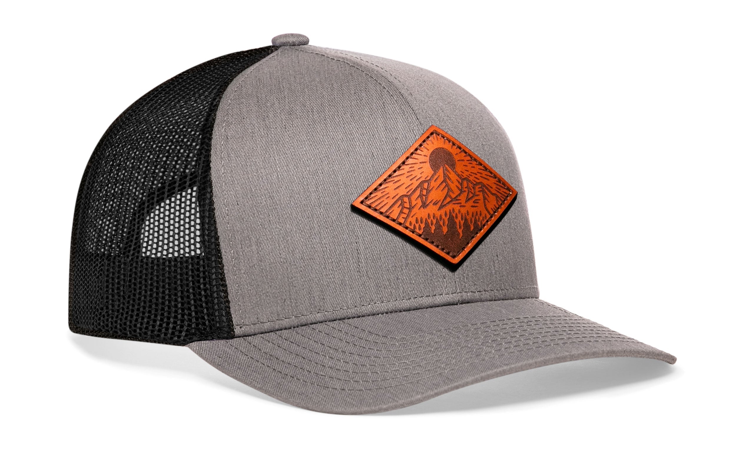 Diamond Mountain and Trees Trucker Hat Leather  |  Gray-Black Outdoors Snapback Haka Hat