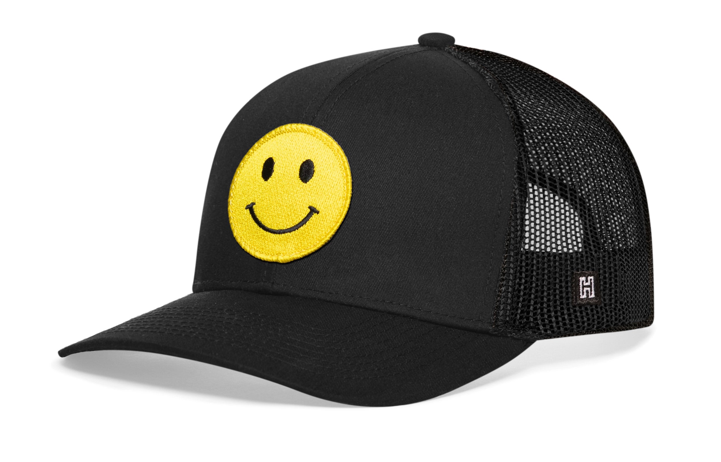 Smiley Face Trucker Hat — Black Emoji Snapback Haka Hat