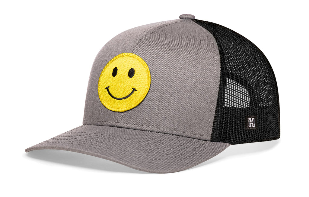 Smiley Face Trucker Hat  |  Gray-Black Emoji Snapback Haka Hat
