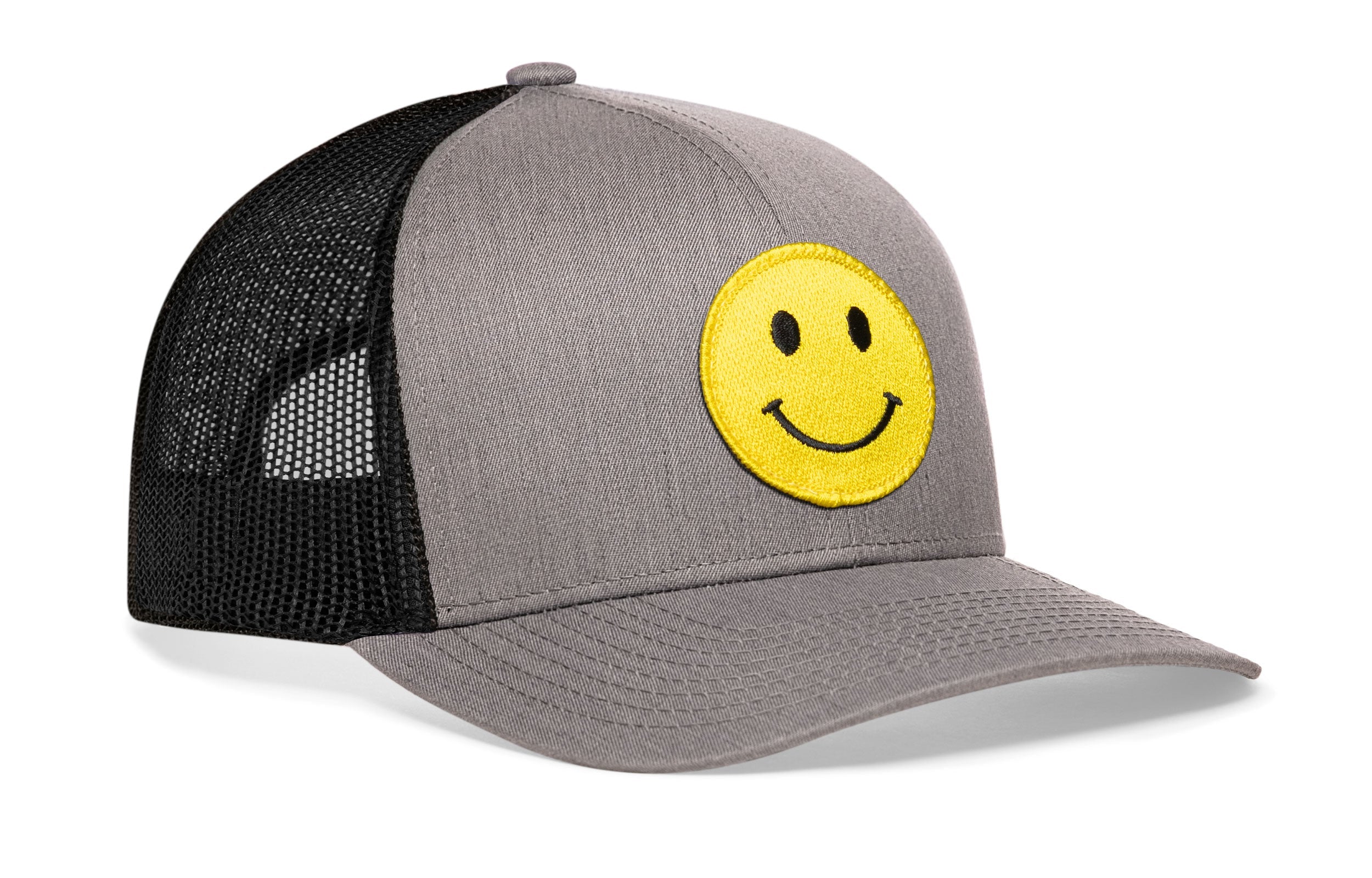 Smiley Face Trucker Hat  |  Gray-Black Emoji Snapback Haka Hat