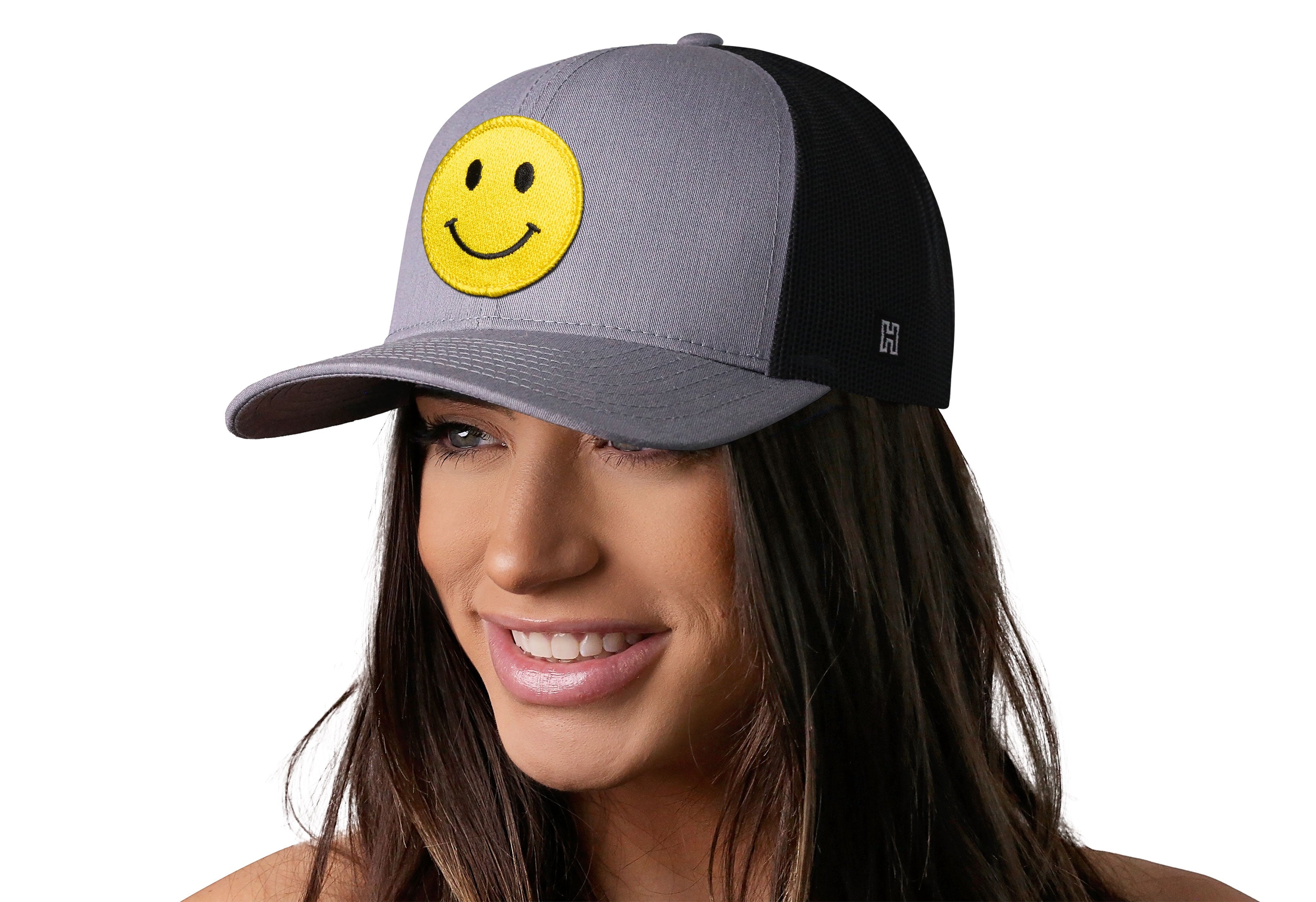 Smiley Face Trucker Hat  |  Gray-Black Emoji Snapback Haka Hat