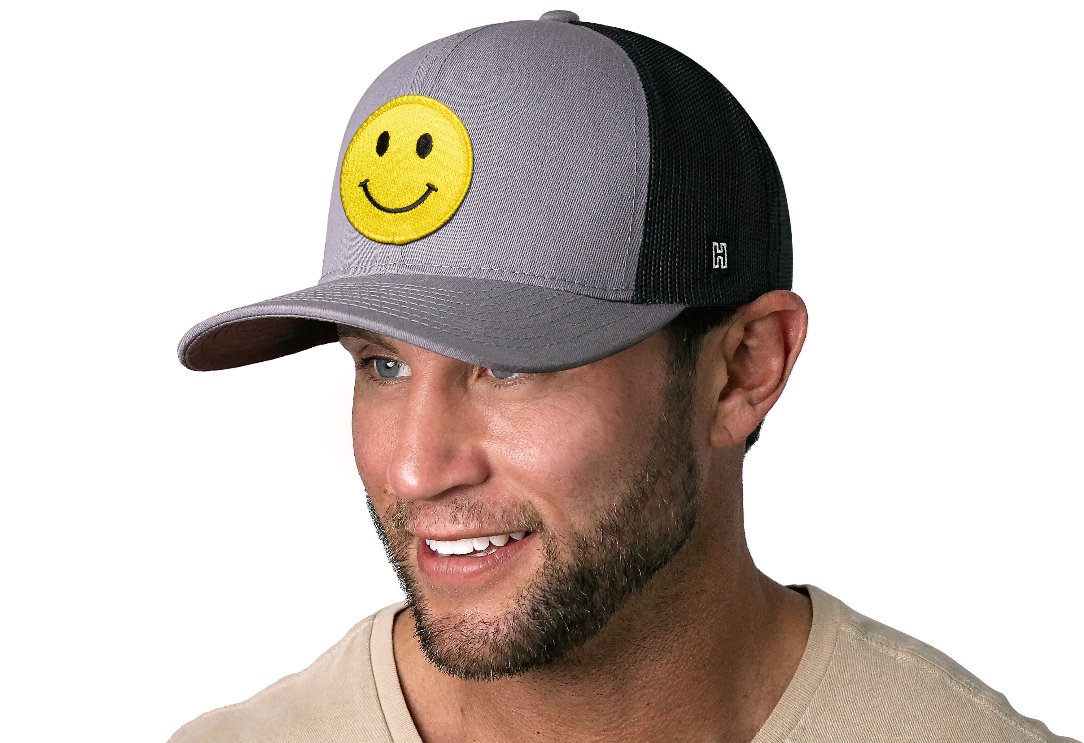 Smiley Face Trucker Hat  |  Gray-Black Emoji Snapback Haka Hat