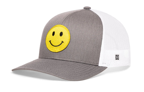 Smiley Face Trucker Hat  |  Gray-White Emoji Snapback Haka Hat