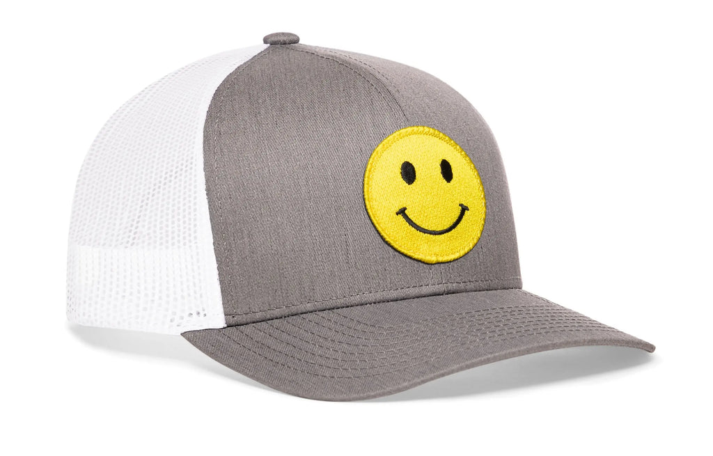 Smiley Face Trucker Hat  |  Gray-White Emoji Snapback Haka Hat