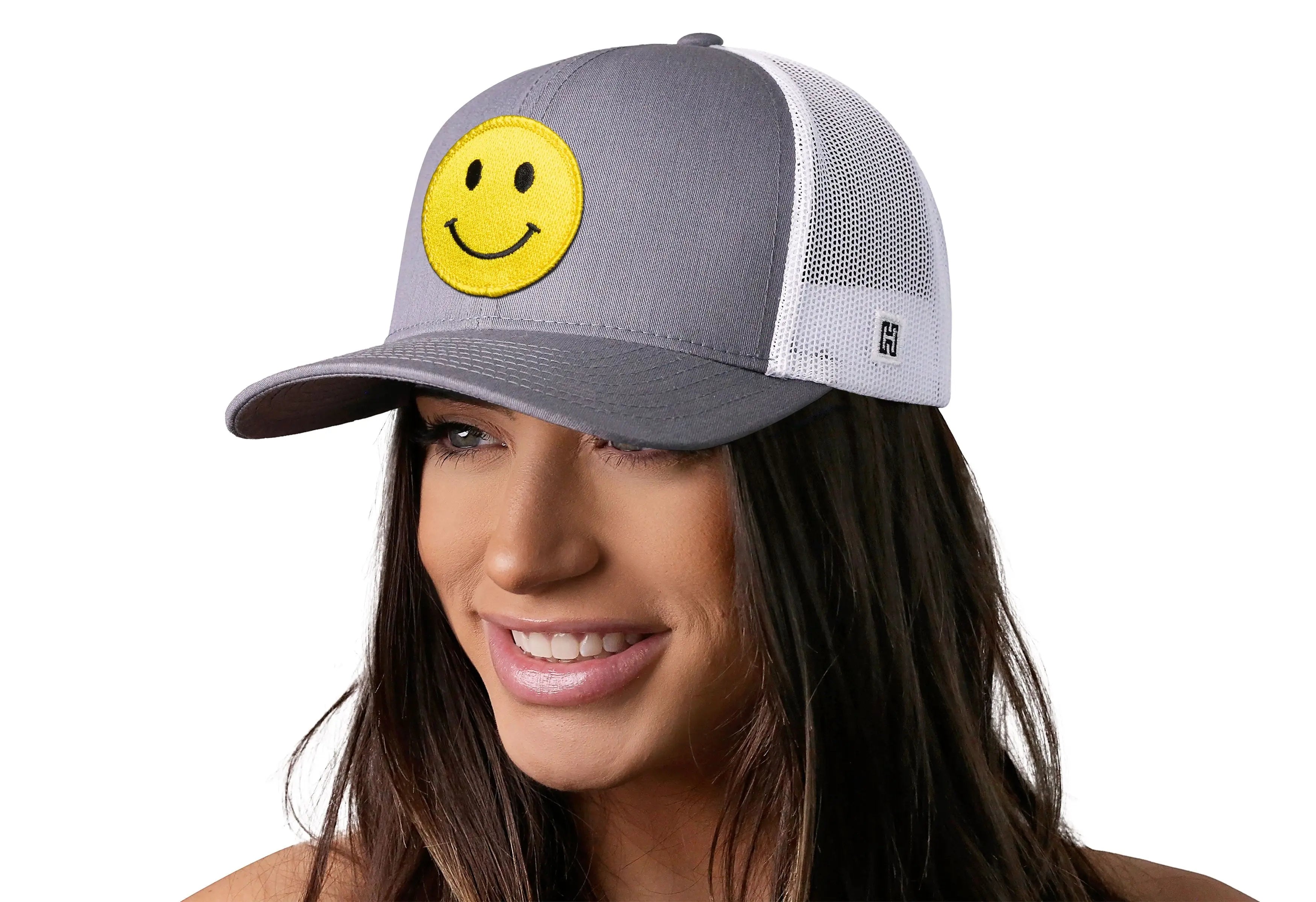 Smiley Face Trucker Hat  |  Gray-White Emoji Snapback Haka Hat