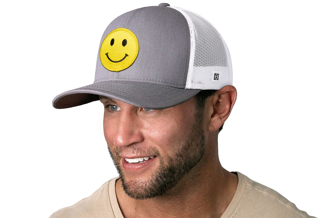 Smiley Face Trucker Hat  |  Gray-White Emoji Snapback Haka Hat