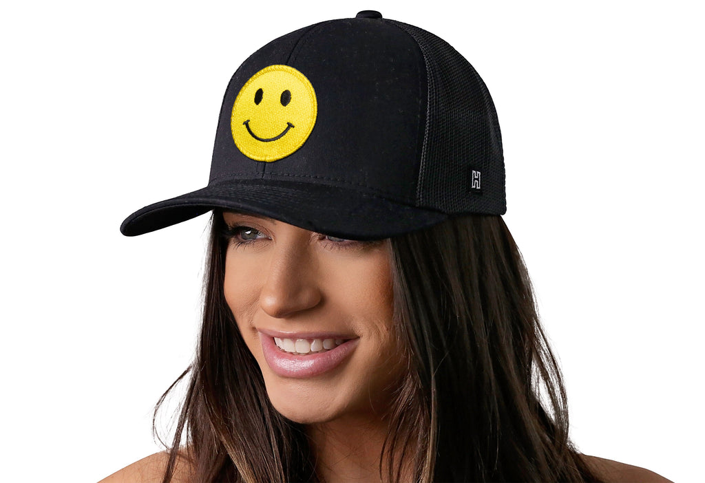 Smiley Face Trucker Hat — Black Emoji Snapback Haka Hat