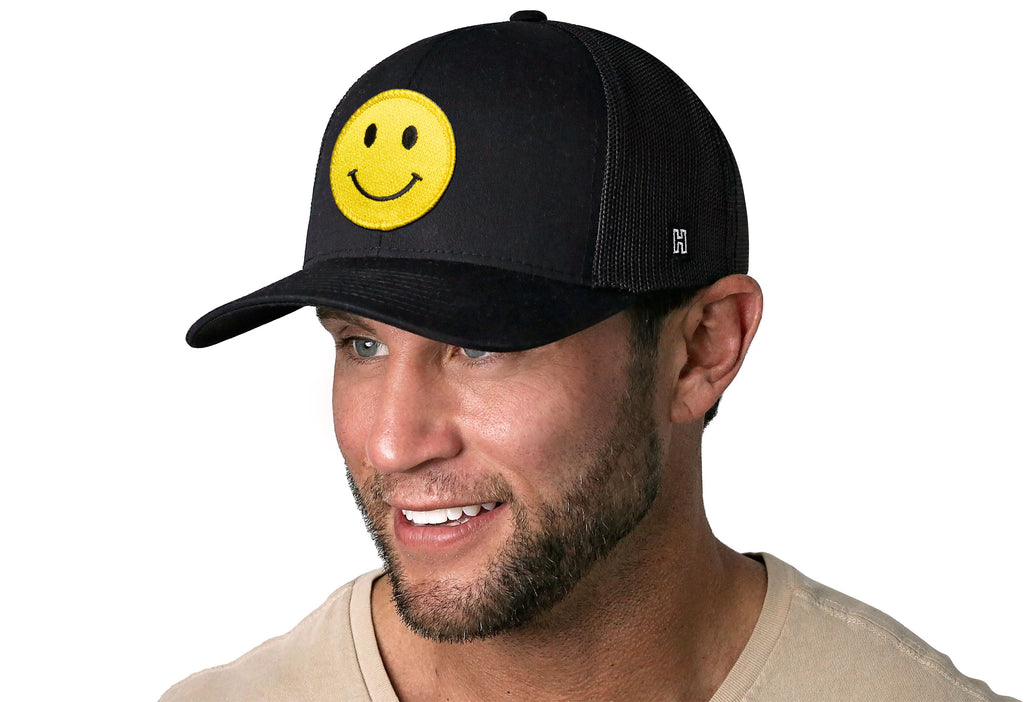 Smiley Face Trucker Hat — Black Emoji Snapback Haka Hat