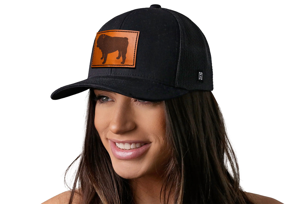 English Bulldog Trucker Hat Leather  |  Black Dog Snapback Haka Hat