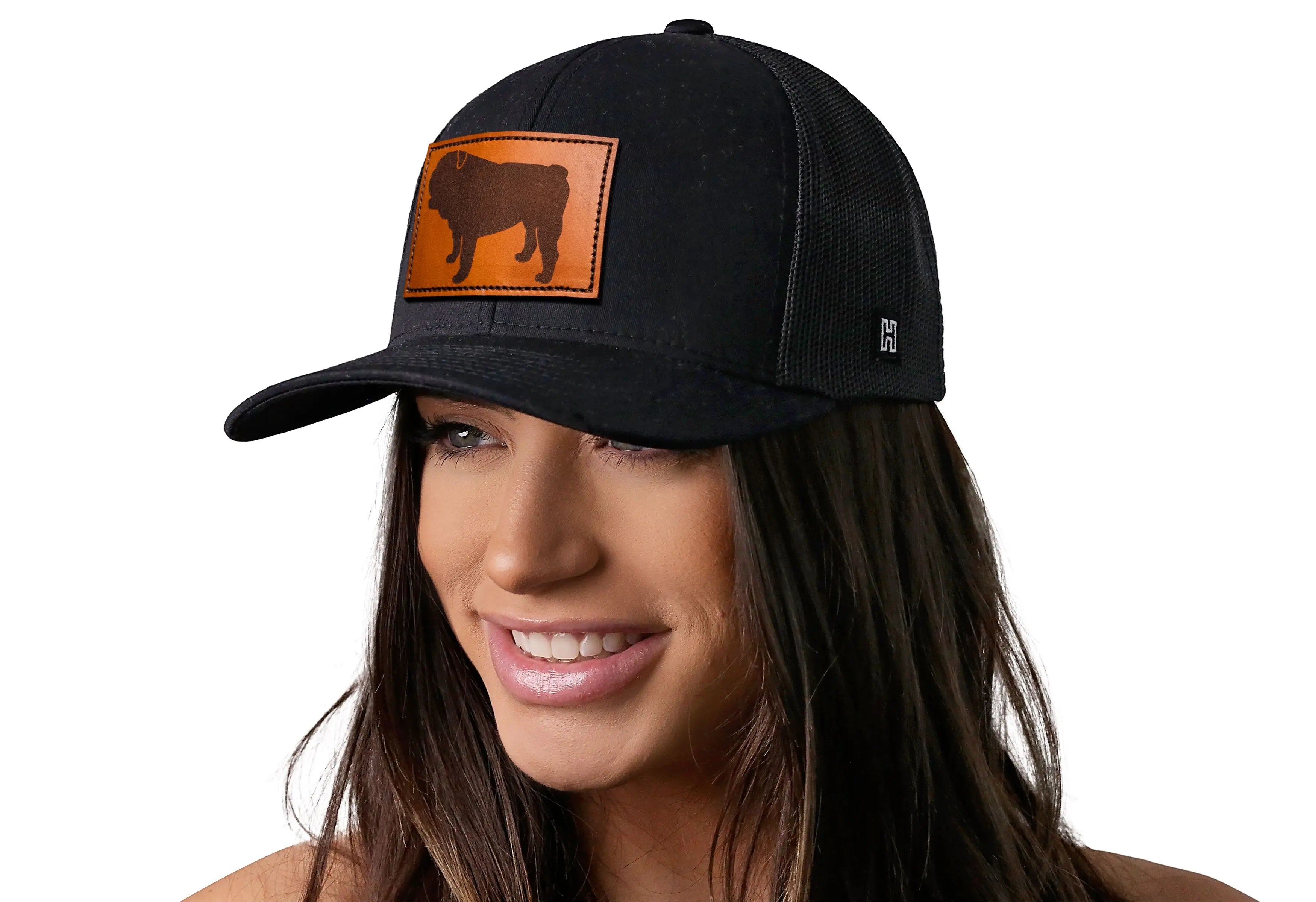 English Bulldog Trucker Hat Leather  |  Black Dog Snapback Haka Hat