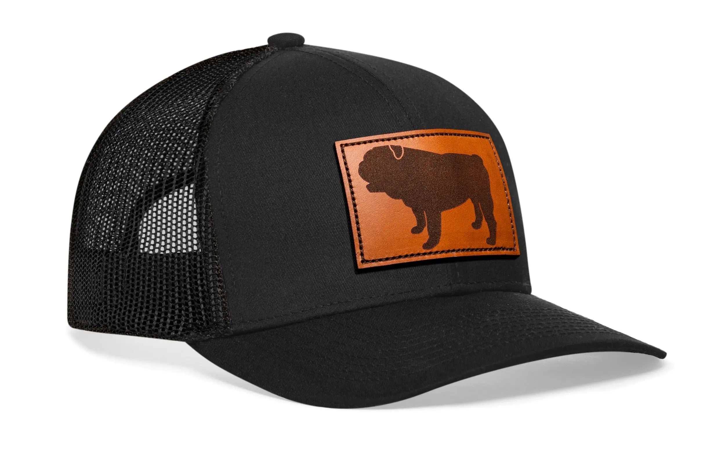 English Bulldog Trucker Hat Leather  |  Black Dog Snapback Haka Hat
