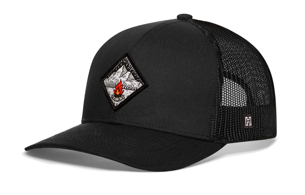 Campfire Trucker Hat — Black Outdoors Snapback Haka Hat
